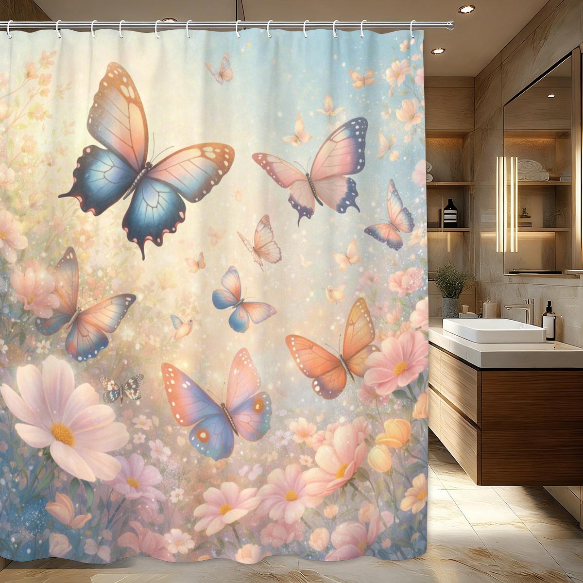 

Floral & Butterfly Pattern Polyester Shower Curtain - Mother S Day Themed Bathroom Decor, Decorative Bath Curtain For Home W60H190(CM)-1 Pcs