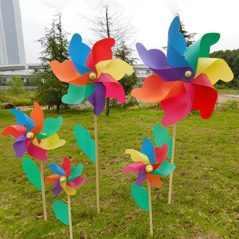 1 Piece 14/18/24/32Cm Wooden Pole Seven Leaf Colorful Diy Windmill Garden Yard Party Outdoor Wind Spinner Ornament Kids Toys