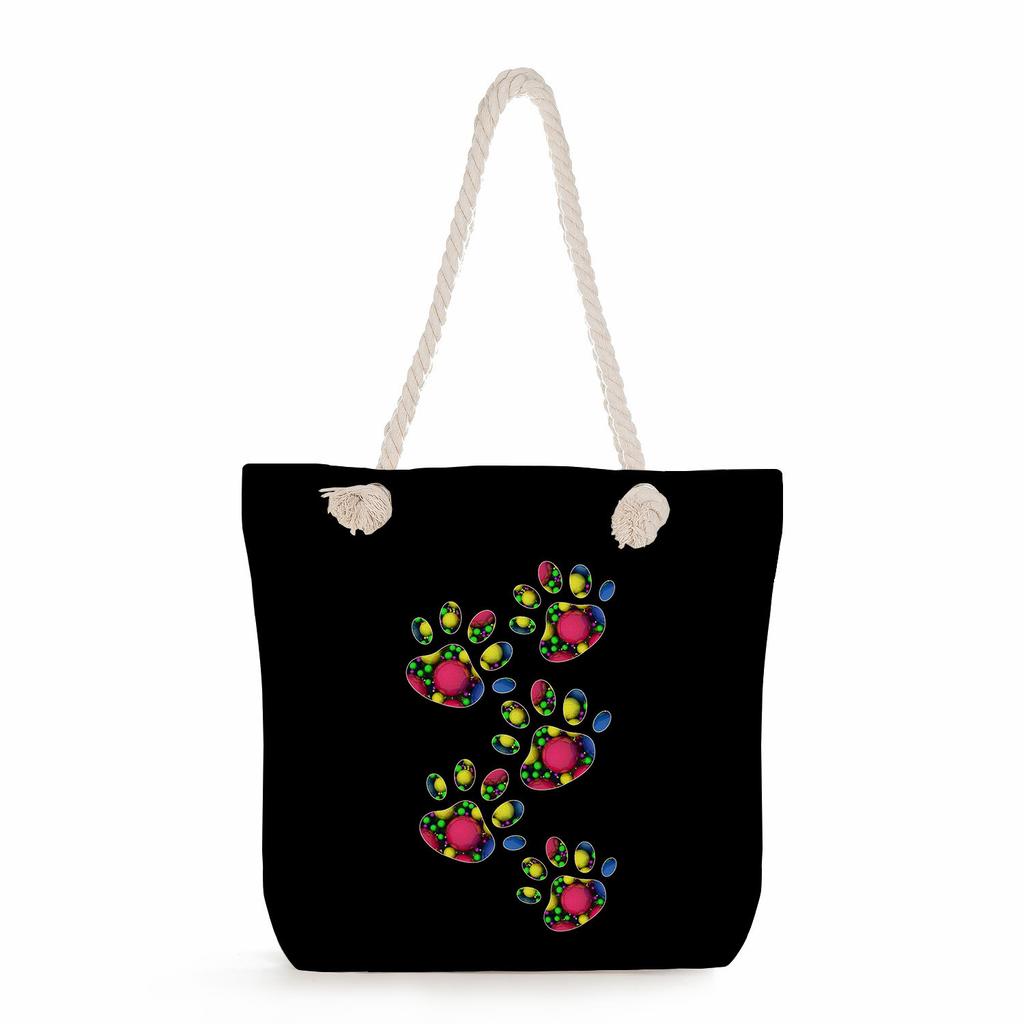 Multifunctional Dog Paws Printed Thick Rope Shoulder Beach Bag Casual Large Capacity Handbag 7601