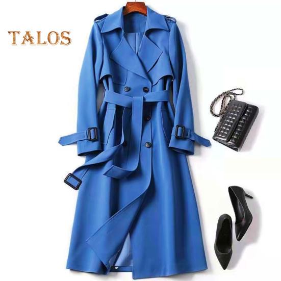 Women Windbreaker Turn-down Collar Loose Pure Color Coat Double-breasted Long Sleeves Belt Decor Overcoat Mid Length with Pockets Windproof Lady