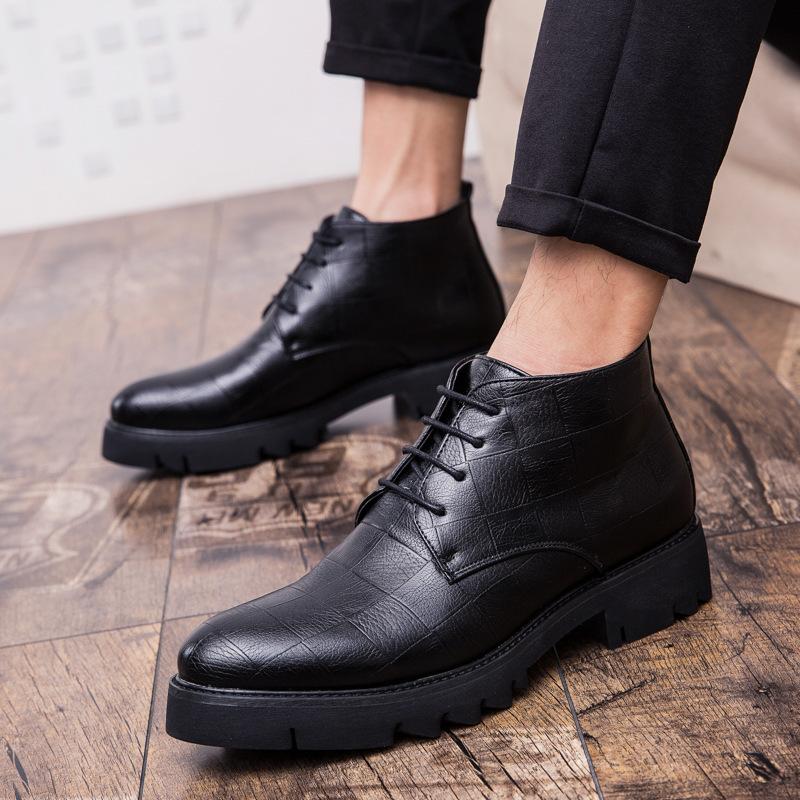 Autumn and winter high-top lace-up black leather boots British style platform dress leather shoes Korean version men's pointed Martin boots