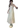 Cream white moonlight summer new seaside vacation temperament waist medium and long skirt gentle suspender dress