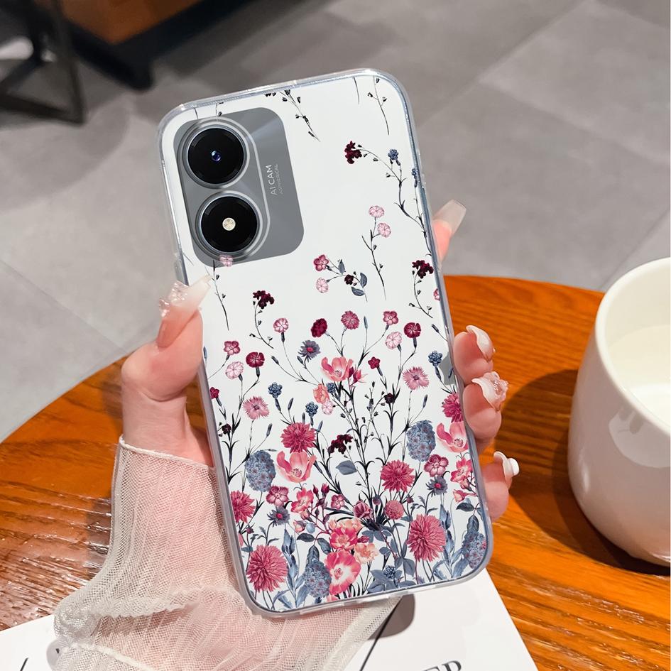 Étui de téléphone pour Vivo Y27 Y15 Y21 Y20 Y36 Y33 Y02S Y10, coque arrière de luxe antichoc, sac de téléphone Transparent mat en Silicone souple, fleur pour Vivo pare-chocs