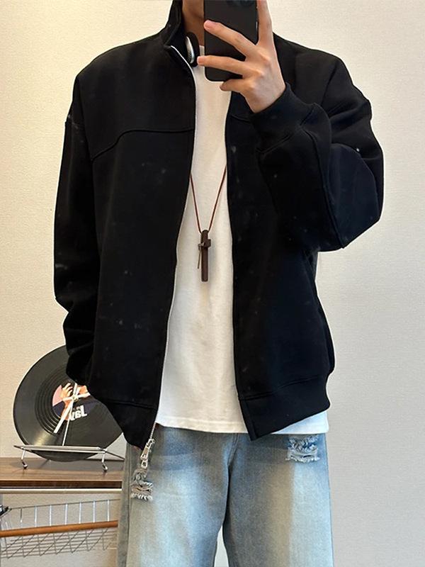 Herren Winter Hellgrau Schwerer Strick-Kapuzenpullover - Mit Samtfutter, Uni-Farbe, Amerikanischer Stil Stehkragenjacke
