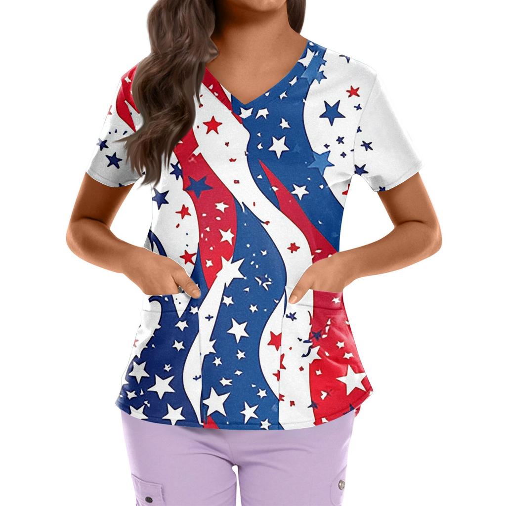 Plus Size Printed Scrub Working Uniform Tops For Women's Cross V Neck Independence Day Print Short Sleeve Fun T-Shirts Workwear Tee With Pockets