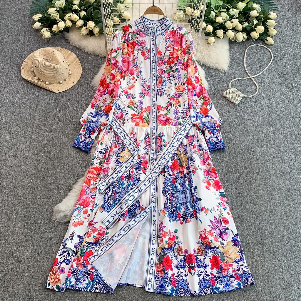 Frühling Herbst Damen Vintage Print Designer Laufstegkleid Übergroß Locker Einreihig Lang Maxi Partykleid für Abschlussfeier