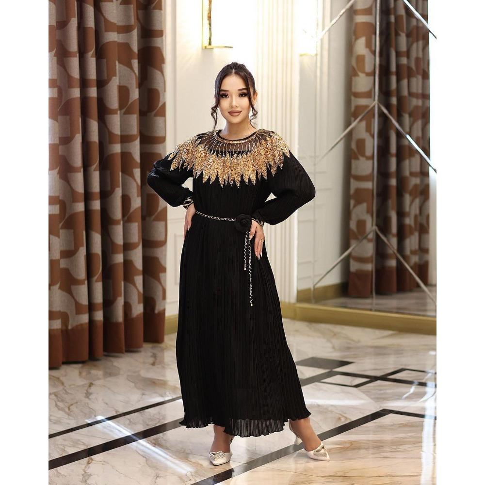 Vintage Court Style Autumn Heavy Industry Sequined Embroidered Long Pleated Bubble Sleeve Dress Women's Pleated Skirt
