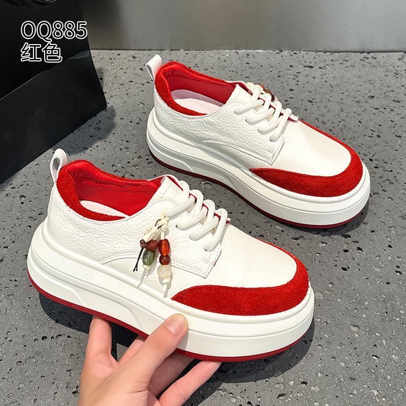 Thick-soled autumn new leather breathable beaded personalized student casual board shoes 35 красный