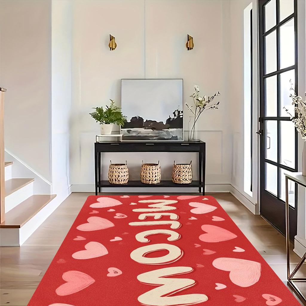 Valentine's Day Welcome Holiday Theme Non-Slip Floor Mat Washable Decorative Area Rug for Home Entrance Outdoor Courtyard