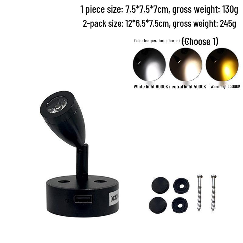 

12V LED Yacht Bedside Reading Light with USB Touch Dimming for RV and Marine Use Type B Black