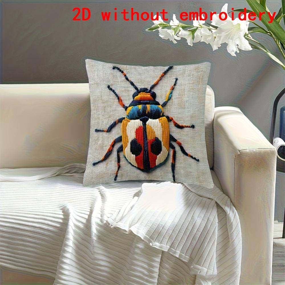 2D Flat- Retro Beetle Print Linen Throw Pillow Cover Decorative Cushion Case for Sofa Couch Bed Living Room