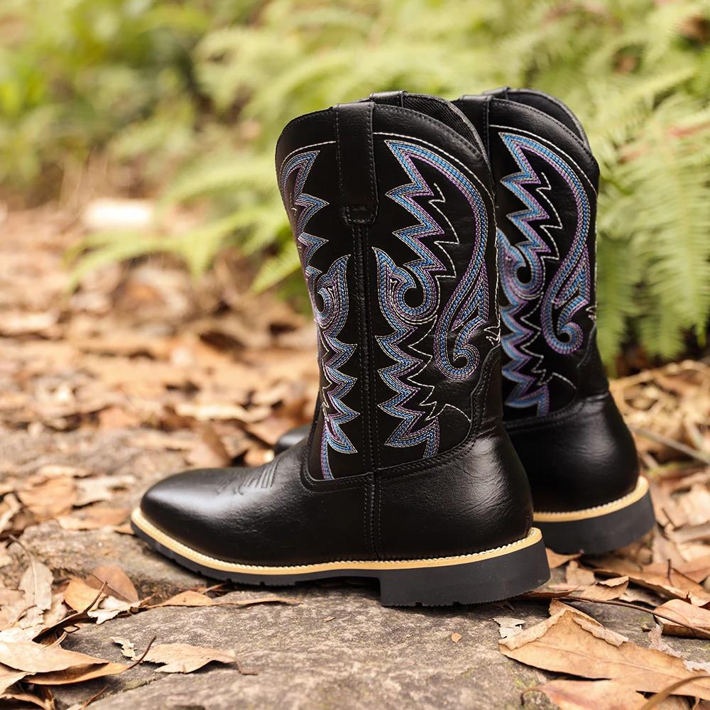 High Tube Embroidery Retro  Sleeve Wide Head Western Cowboy Boots Zipper Bag Packaging