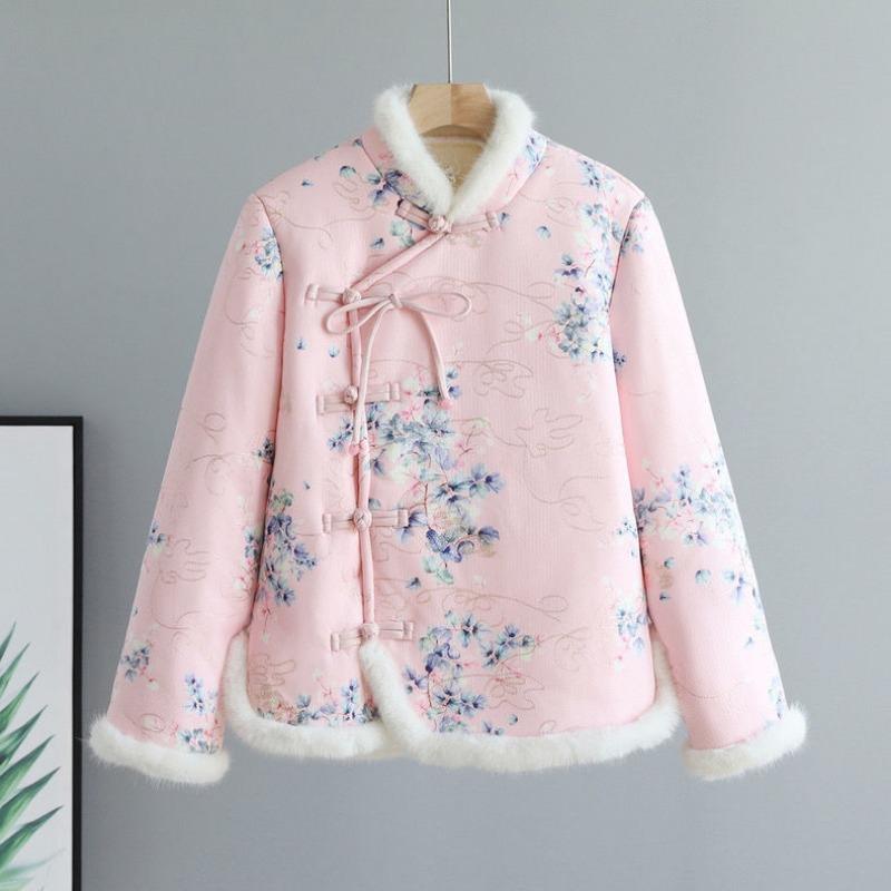 Retro Floral Large Padded Jacket for Women's Winter New Buckle Piled Thickened Padded Jacket