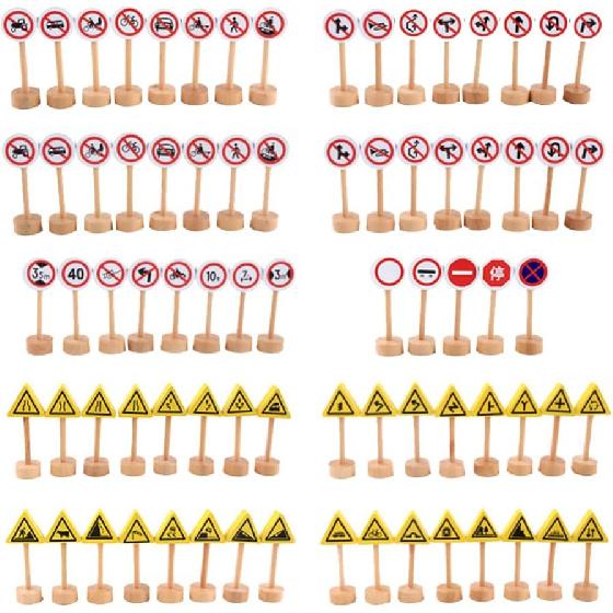 Wooden Road Construction Traffic Sign: 50pcs Toy Street Signs Small Toy Cars and Other Diecast Vehicles Wood Cars Toys Traffic Signs Toys