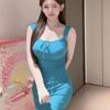 Spicy Girl Design with a Tie-up Square Neck Dress, Women's Summer Sexy Slimming Inner Layer, Hip-hugging Short Skirt