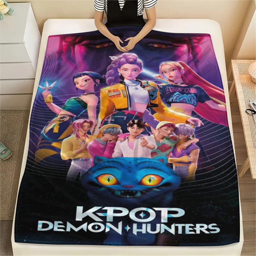 1Pc Kpop Demon Hunter Print Flannel Blanket, High quality Comfortable for All Seasons, Home Decor, Warmth and Comfort, Perfect for Gifts