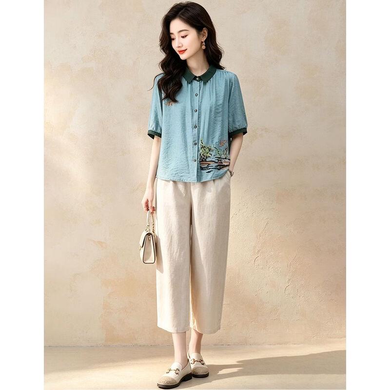 D.F.DEAR Women's New Chinese Style Embroidered Shirt & Capri Set