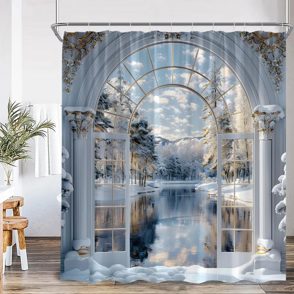 

Зимний Пейзаж Занавеска для Душа Наружный Снежный Пейзаж С Рождеством Европейский Стиль Домашний Декор Современная Занавеска для Ванной Ванны 90x180cm-35x70in