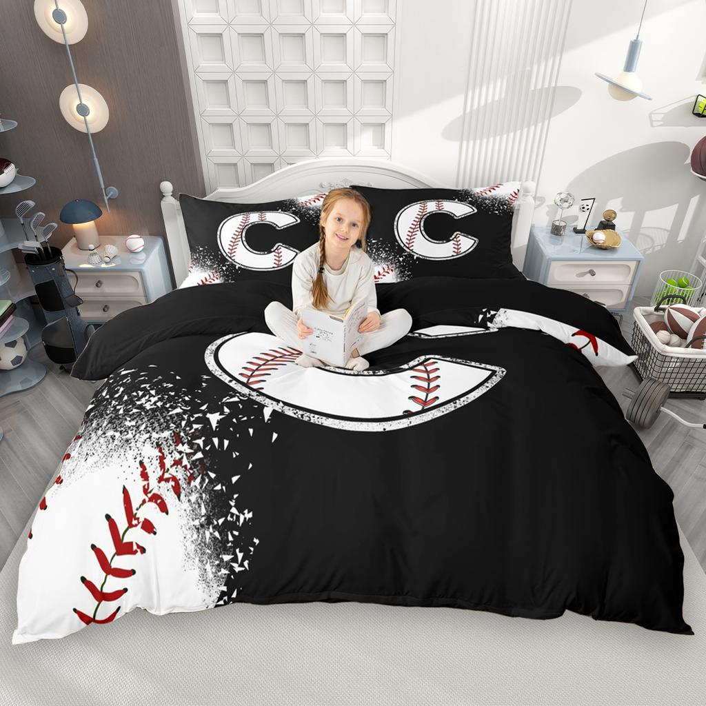 Homewish Kids Baseball Duvet Cover Set 2Pcs/3Pcs For Boys Girls Black White Bedding Set Black Reversible Quilt Cover Set