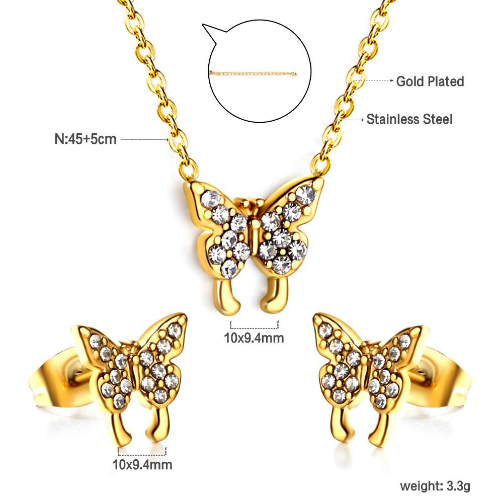 Fashion Versatile Sticky Diamond Jewelry Small Fresh Crown Heart Pendant Necklace Small Earrings Stainless Steel Jewelry Set Women