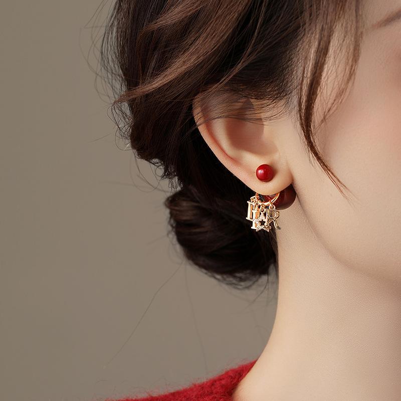 New Year's Red Zircon Letter Fringed Stud Earrings Niche Design Earrings Earrings