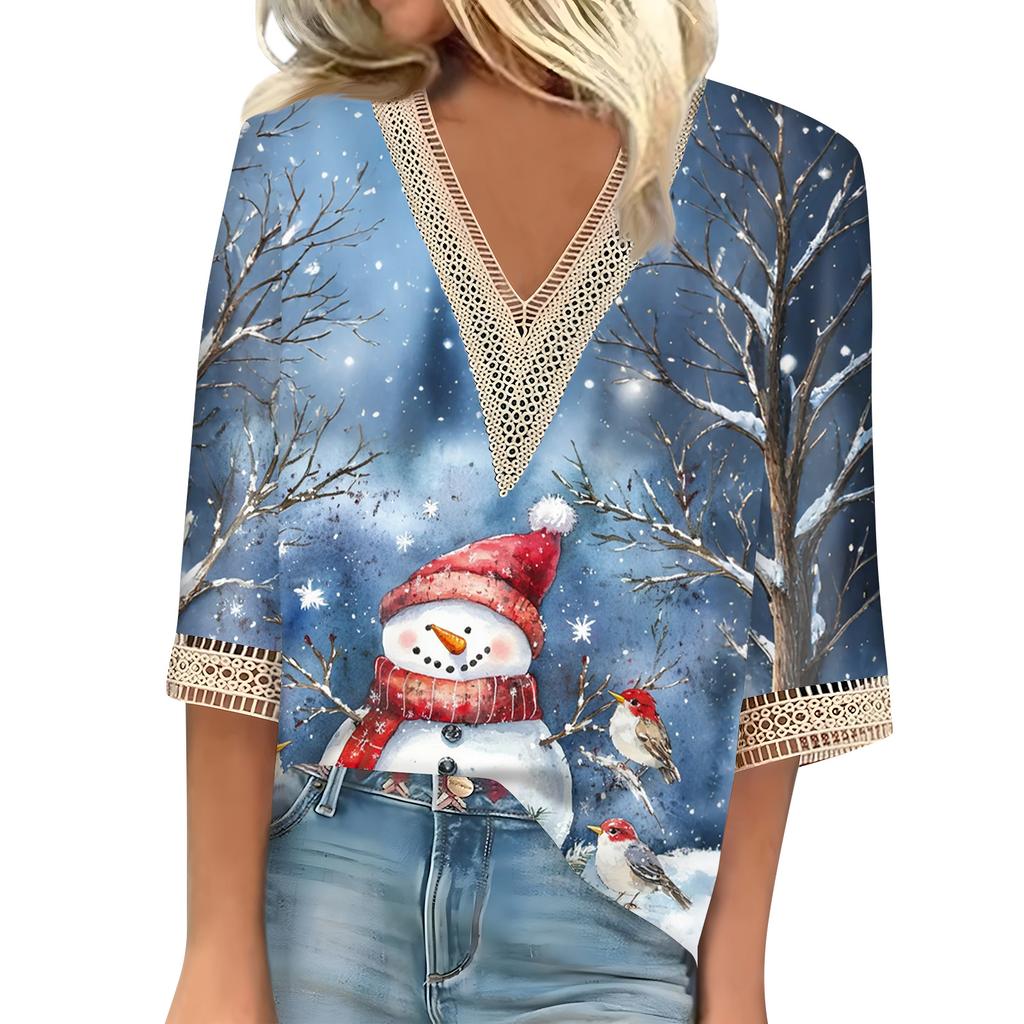 Women's Loose Casual Three-quarter Sleeve V-neck Lace Loose Christmas Print T-shirt Top