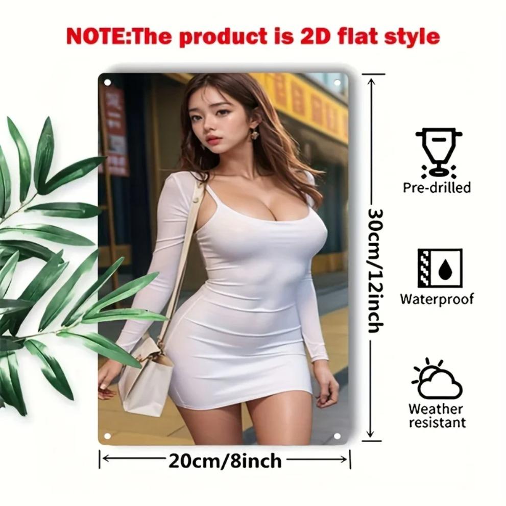 Hisun Tin Sign HD Metal Tin Sign Stunning Asian Beauty In White Long Sleeve Bodycon Mini Dress Retro Wall Art D Flat Iron Painting Plaque Fo