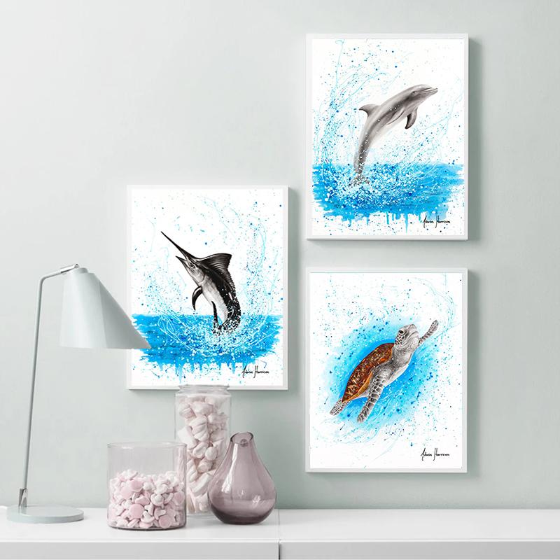 Abstract Ocean Animals Posters Canvas Painting Dancing Marlin Dolphin Fish Wall Picture Minimalist Print Livinig Room Home Decor