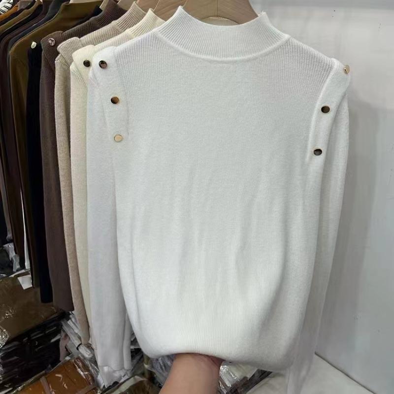 Pull Tricoté Élégant Mode Col Mi-Haut Uni Femmes Automne Décontracté Coupe Slim Manches Longues Pulls Femmes Tops Hiver Chaud Maille de Base 24880