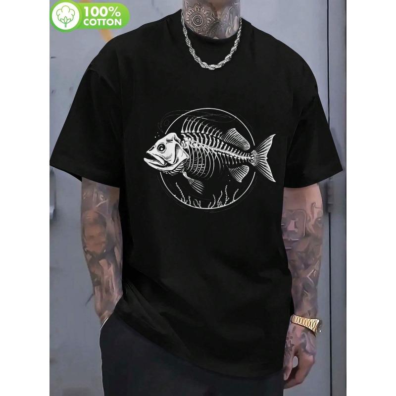 European sizes Men'S Casual Short-Sleeve Crew Neck T-Shirt Featuring Skeleton Fish Bone Design, Perfect for Summer And Spring Outfits