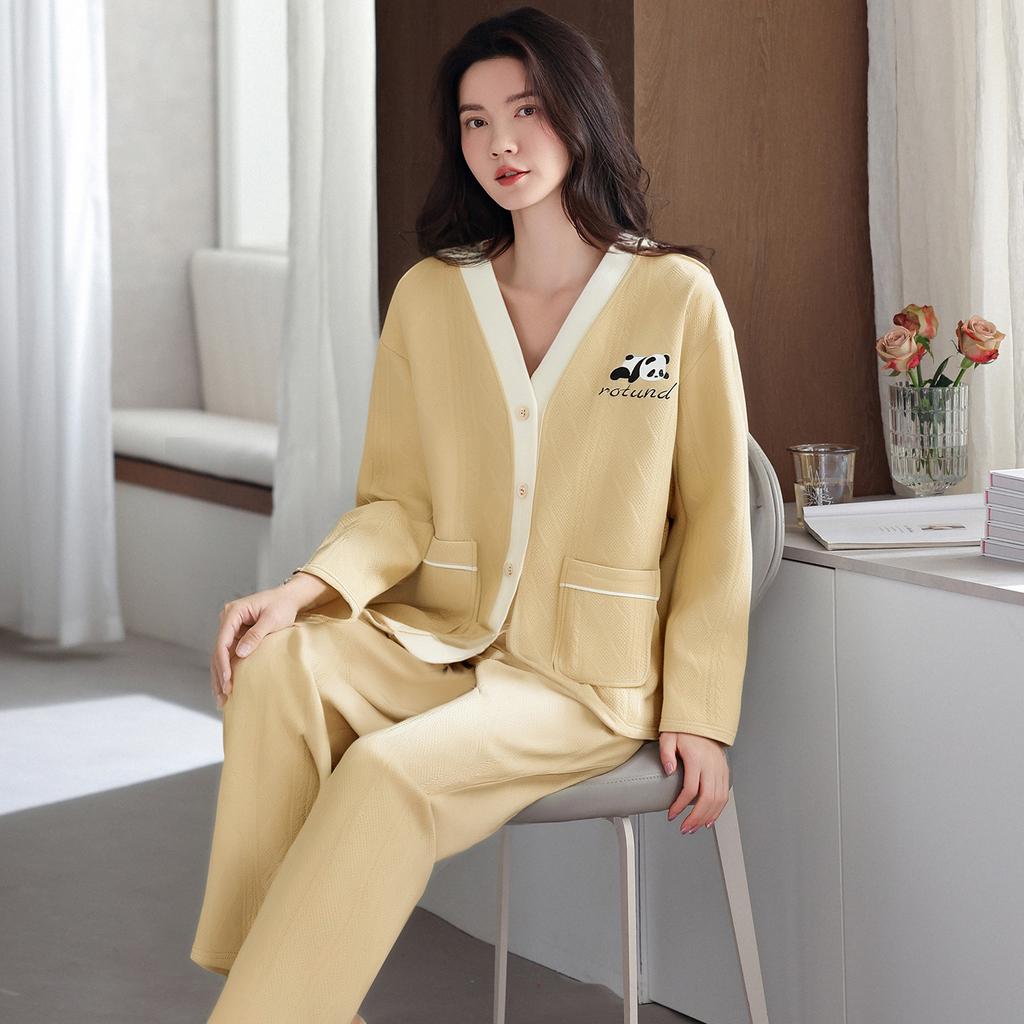 Air Cotton Sandwich Pajamas Women'S Autumn And Winter Pure Cotton Thickened Long-Sleeved Thermal Loungewear Set