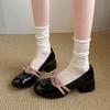 Block Heel Mary Jane Single Shoes Women's Round Toe Shallow Slip Rhinestone Bow Slip Anti-Slip Wear-Resistant High Heels