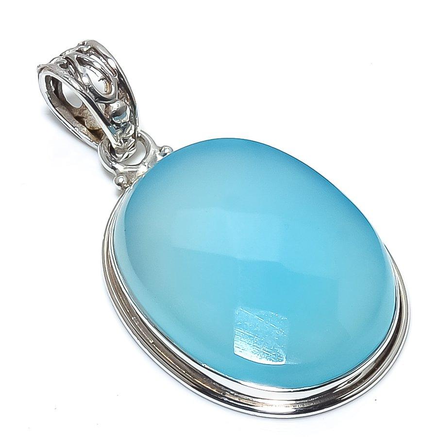 Natürlicher Aqua Chalcedon Edelstein 925 Massiv Sterlingsilber Anhänger 1,73" u7T15