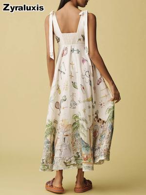 Mode Frühling Sommer Neues Bedrucktes Kleid mit Bindeband Damen Urlaubsstil Maxikleid