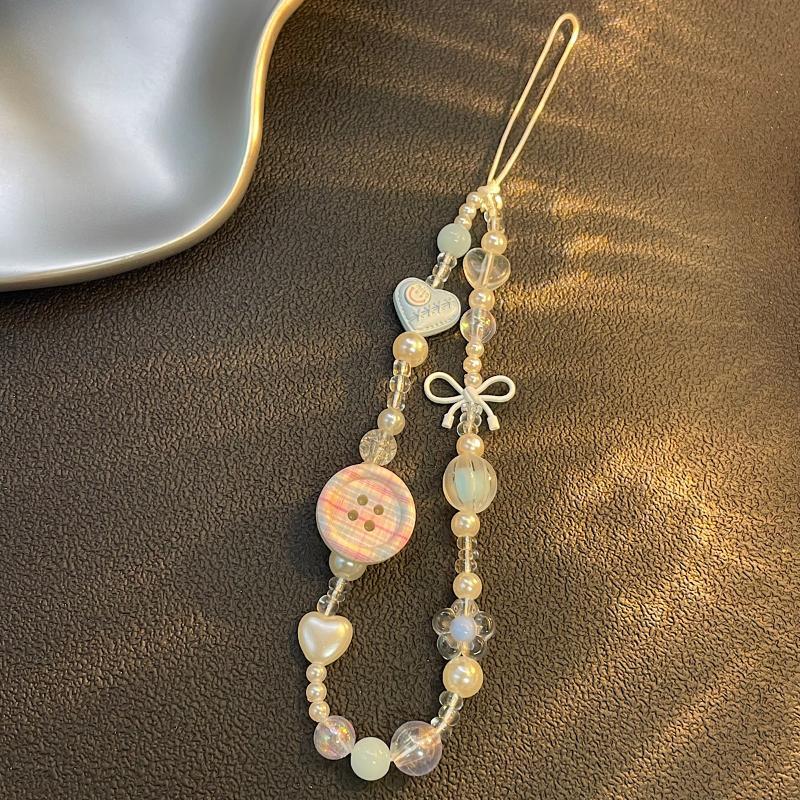 3D Pink Button Beaded Phone Lanyard Korean Style Cute Anti-Lost Phone Chain Universal Wrist Strap for Smartphone Decoration