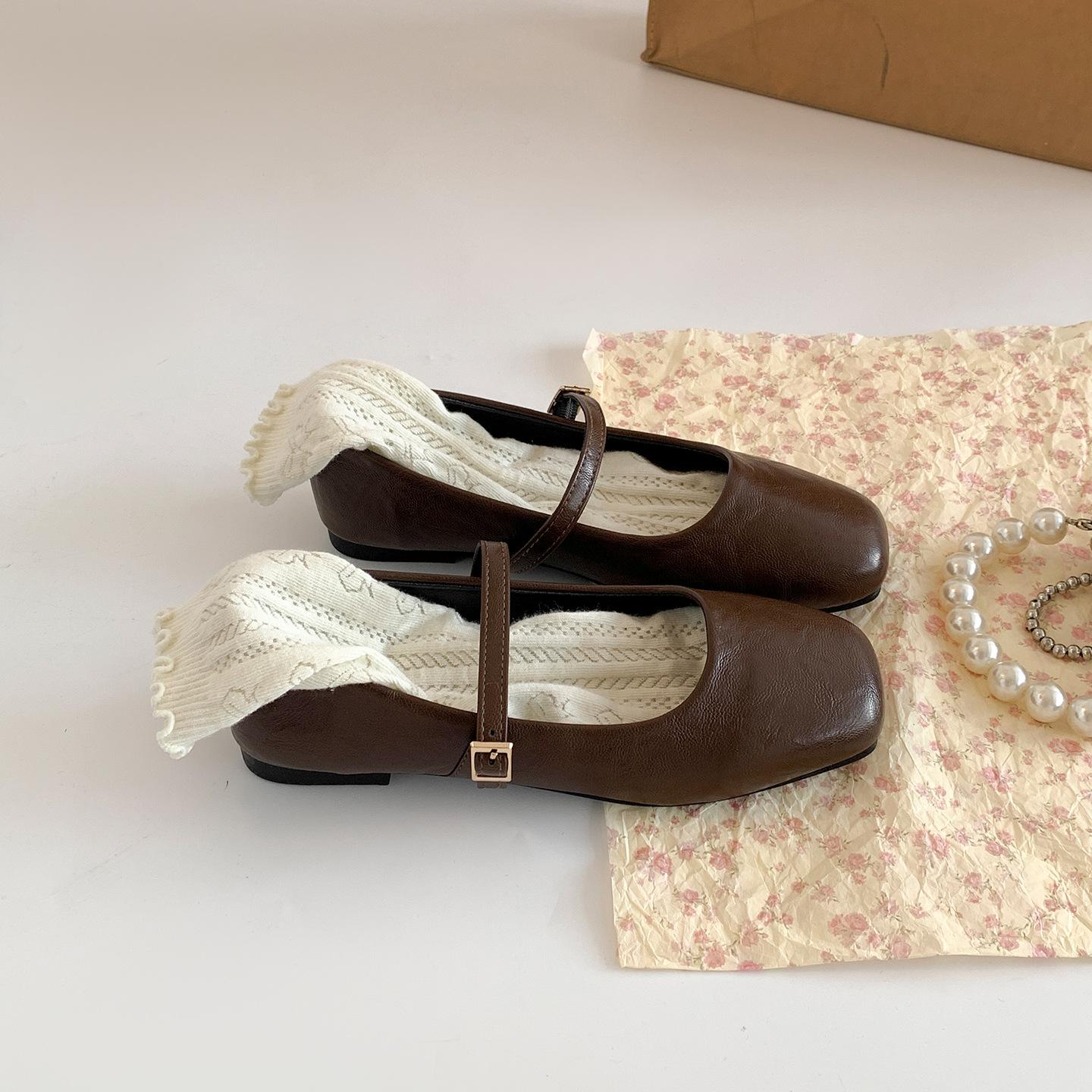 

Black French retro flat bottom shallow mouth inner height increase single shoes women s summer 2025 new models with skirt square head Mary Jane shoes 40 коричневый