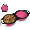 Collapsible Dog Bowls, Portable Travel Pet Feeder Bowl, 2 in 1 Expandable Silicone Pet Food & Water Double Bowl, Cat Feeder Dish with Carabiner for