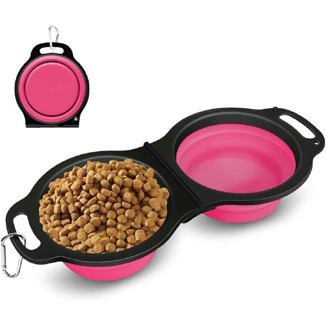 Collapsible Dog Bowls, Portable Travel Pet Feeder Bowl, 2 in 1 Expandable Silicone Pet Food & Water Double Bowl, Cat Feeder Dish with Carabiner for