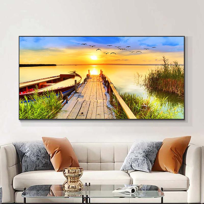 Landscape Sunset Lake Flying Bird Boat Sky Canvas Painting Posters and Prints Wall Art Pictures Living Room Home Decor No Frame No Frame