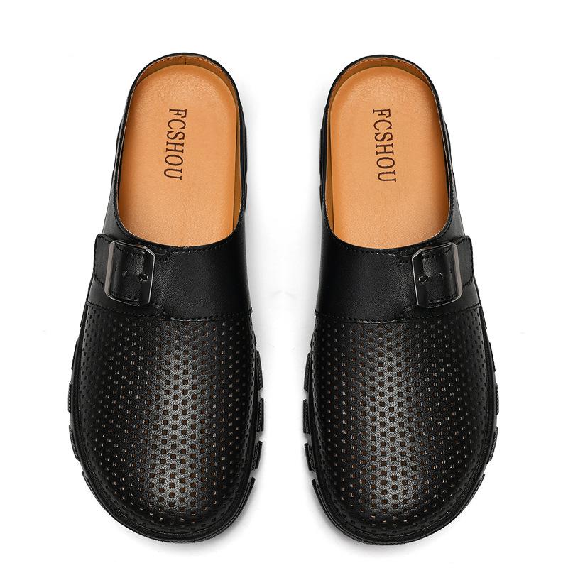 Men's Breathable Leather Slip-On Mules: Closed-Toe, Thick-Sole, Non-Slip Casual Shoes
