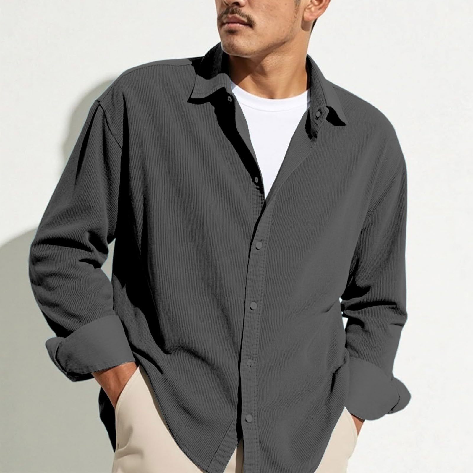 

Men s Casual -color Lightweight Breathable Corduroy Button-down Shirt - Men s Stylish Loose-fitting Long-sleeved Shirt XXL
