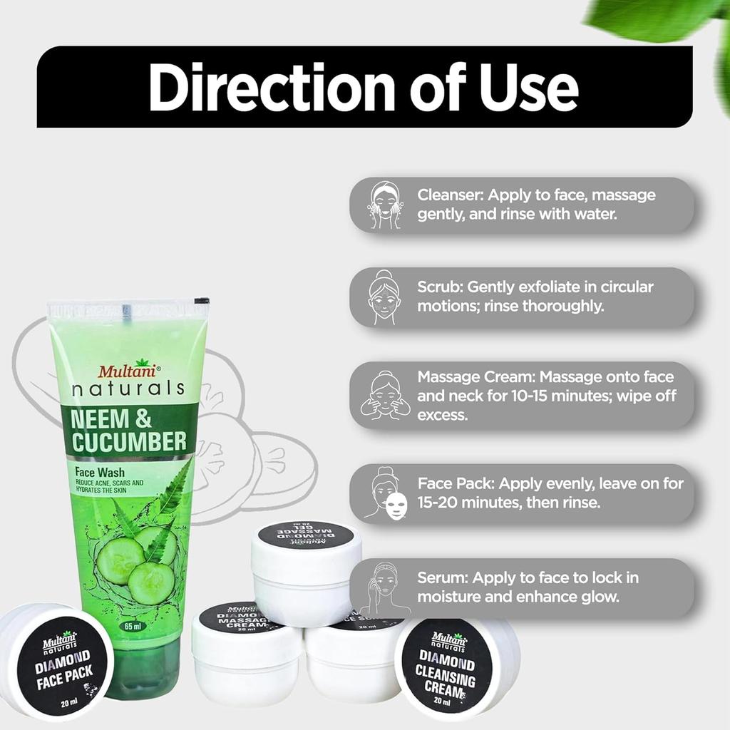 Multani Naturals Diamond Facial Kit 6 Step Glow Cleansing Massage Scrub Face Pack With Free Face Wash 65 Ml