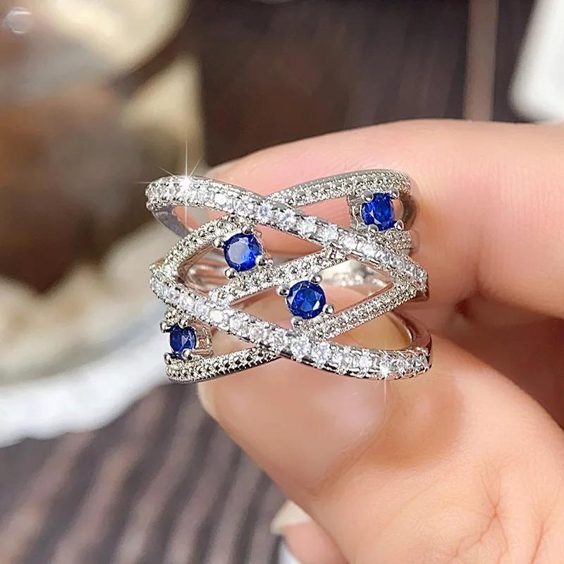 Luxury Multilayer Cross Rings Full Paved Blue CZ Stone Fashion Sparkling  Sterling Silver Women's Rings Wedding Bands