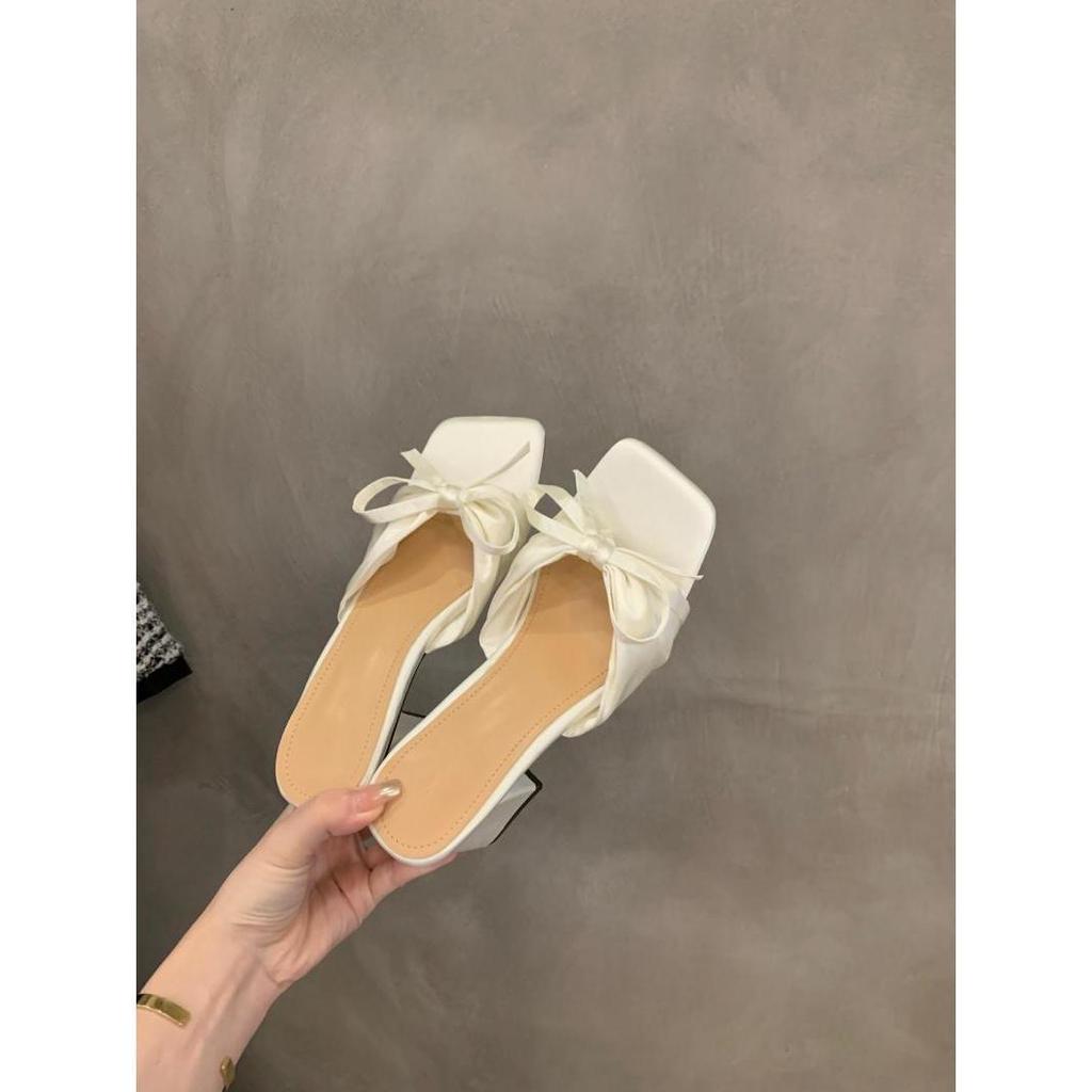 French evening breeze slippers fairy shoes 2025 new summer temperament pink bow sandals high heels sandals
