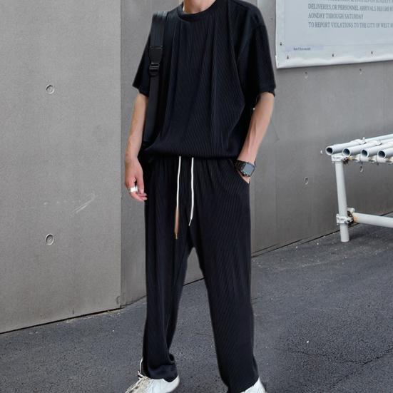1 Set Top Pants Solid Color Loose Summer Crew Neck Draping Outfit for Office