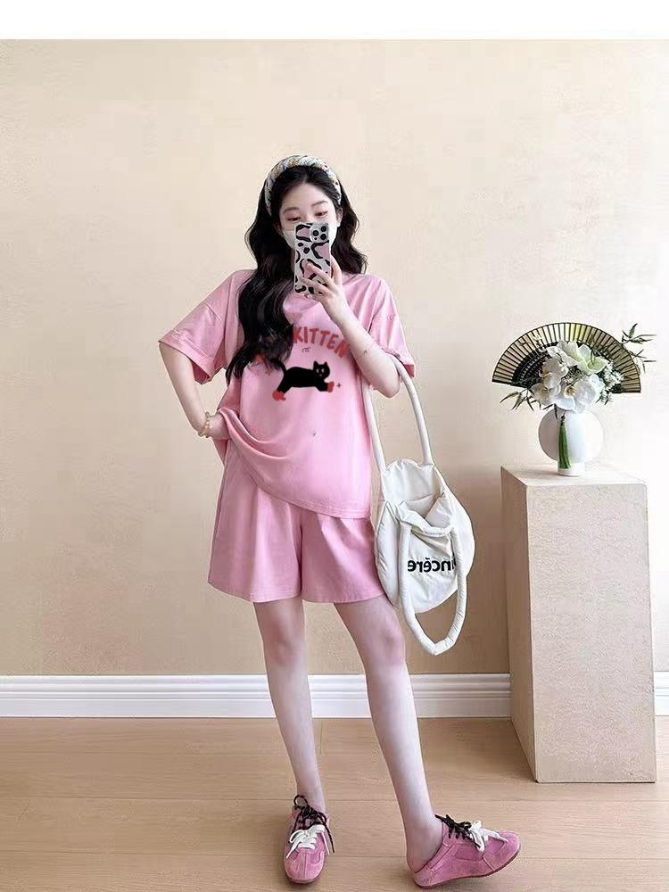 

2026 Summer Korean Style Maternity Plus Size Cartoon Letter Pajama Set - Grey Short Sleeve Top M [80-105 lbs]