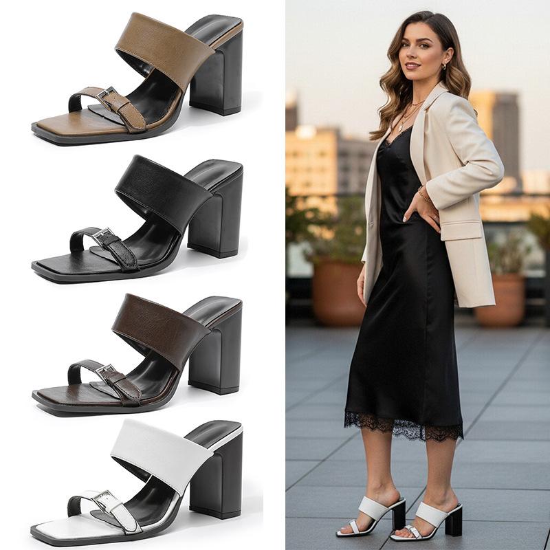 Women's Two Strap Square Open Toe High Block Heels Sandals Dress Pumps Casual Summer Mules Shoes for Weeding Party Chunky Heeled Slides for Women