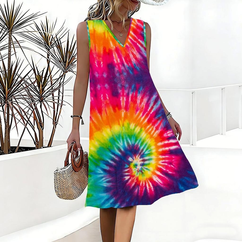 Plus Size V Neck Sleeveless Dress Dappled Sunlight Forest Stream Print For Outdoor Afternoon Rest