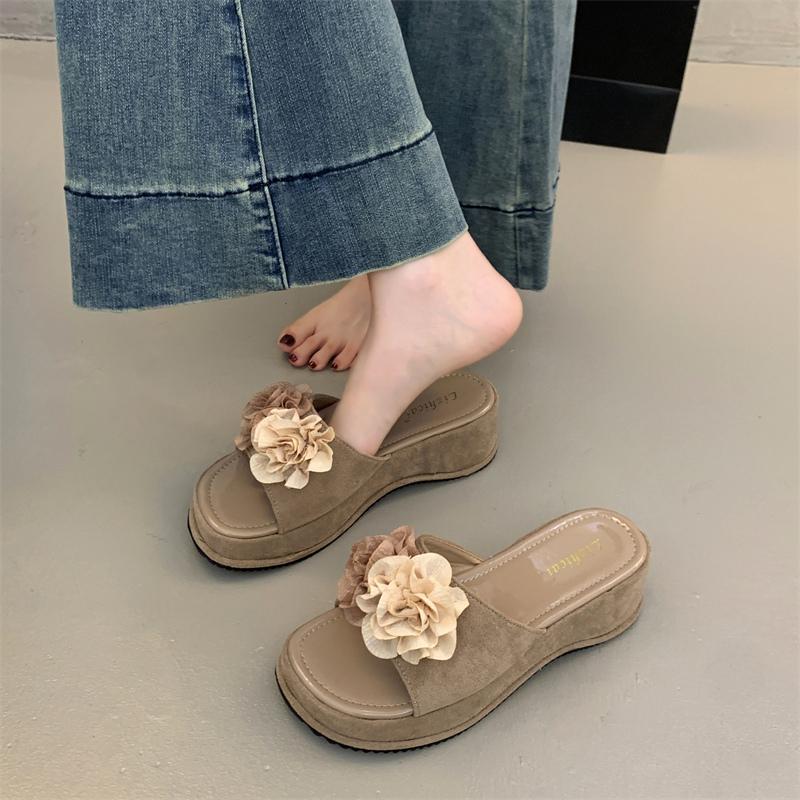 

Летние танкетки на каблуке, шлепанцы с цветком, повседневные с открытым носком, для пляжного отдыха, слайды для вечеринки, сандалии 35 хаки