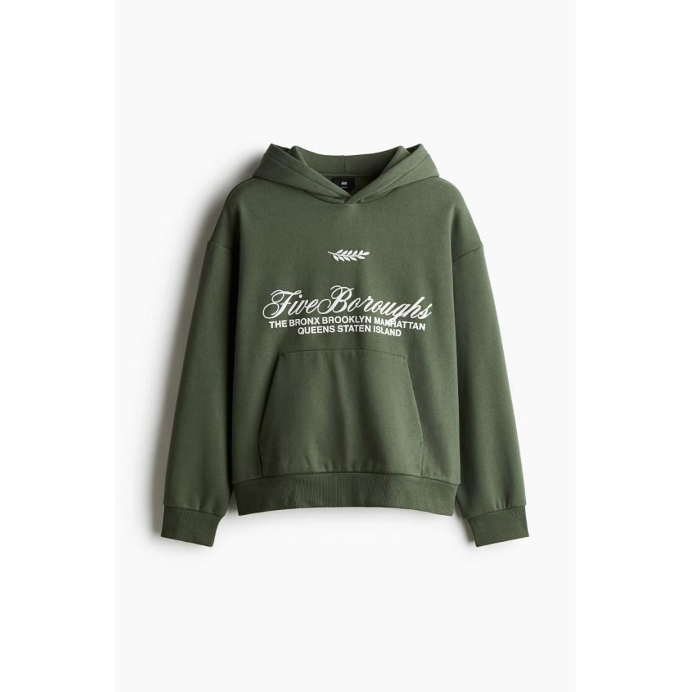 H M Loose Fit Printed Hoodie kHaki Green Five borougHs